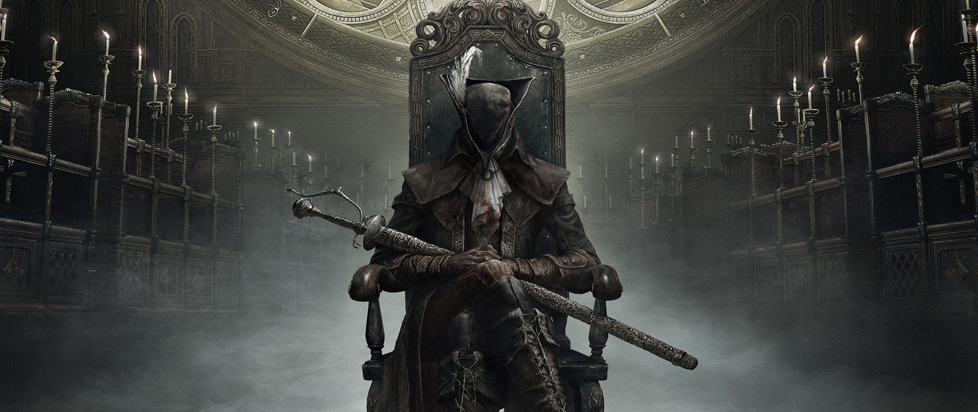 A character from Bloodborne sitting ominously in a chair.