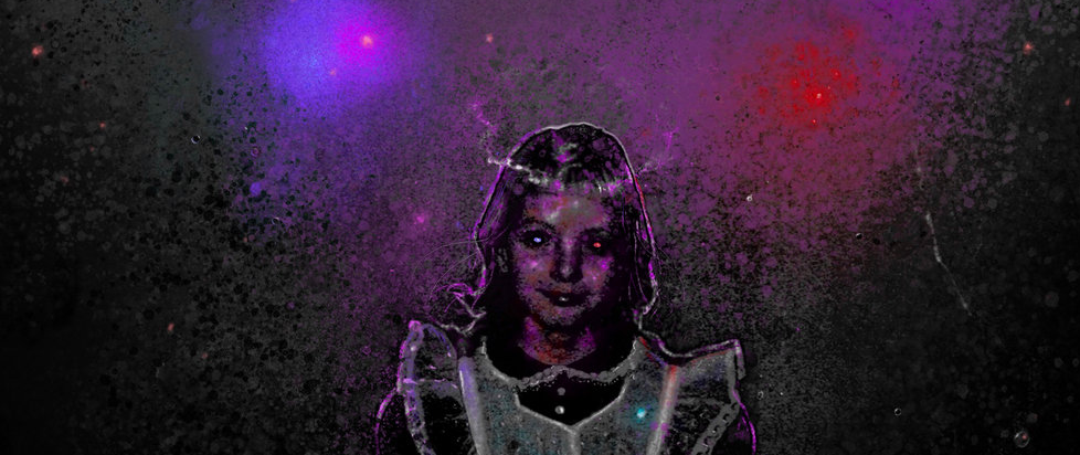 Detail from the cover art for We are Always Alone of a girl in a schoolgirl outfit, a purple and red light above her head.