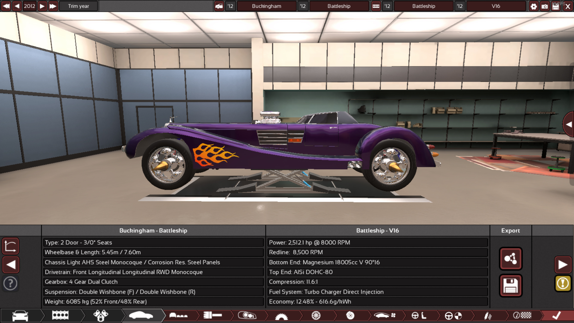 A purple hotrod being designed in the game Automation.