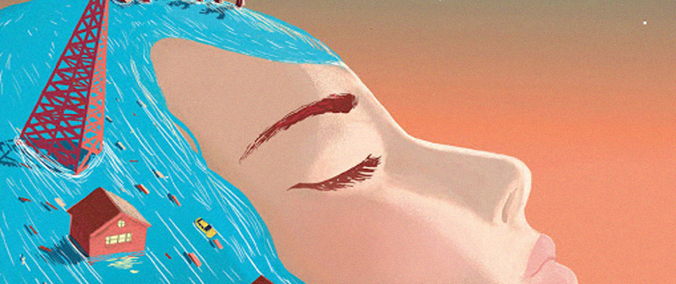 A detail from the cover art for The Valley and the Flood: A womans face in profile, the sun beaming down on it. in her blue hair is the remains of a town.