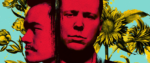 The two band members of 68 in a red stylized image, overlapping. This is a section of their album cover for Give One Take One