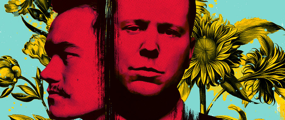 The two band members of 68 in a red stylized image, overlapping. This is a section of their album cover for Give One Take One