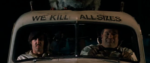 two men sitting in an old car with the text "we kill all sizes" above their head.