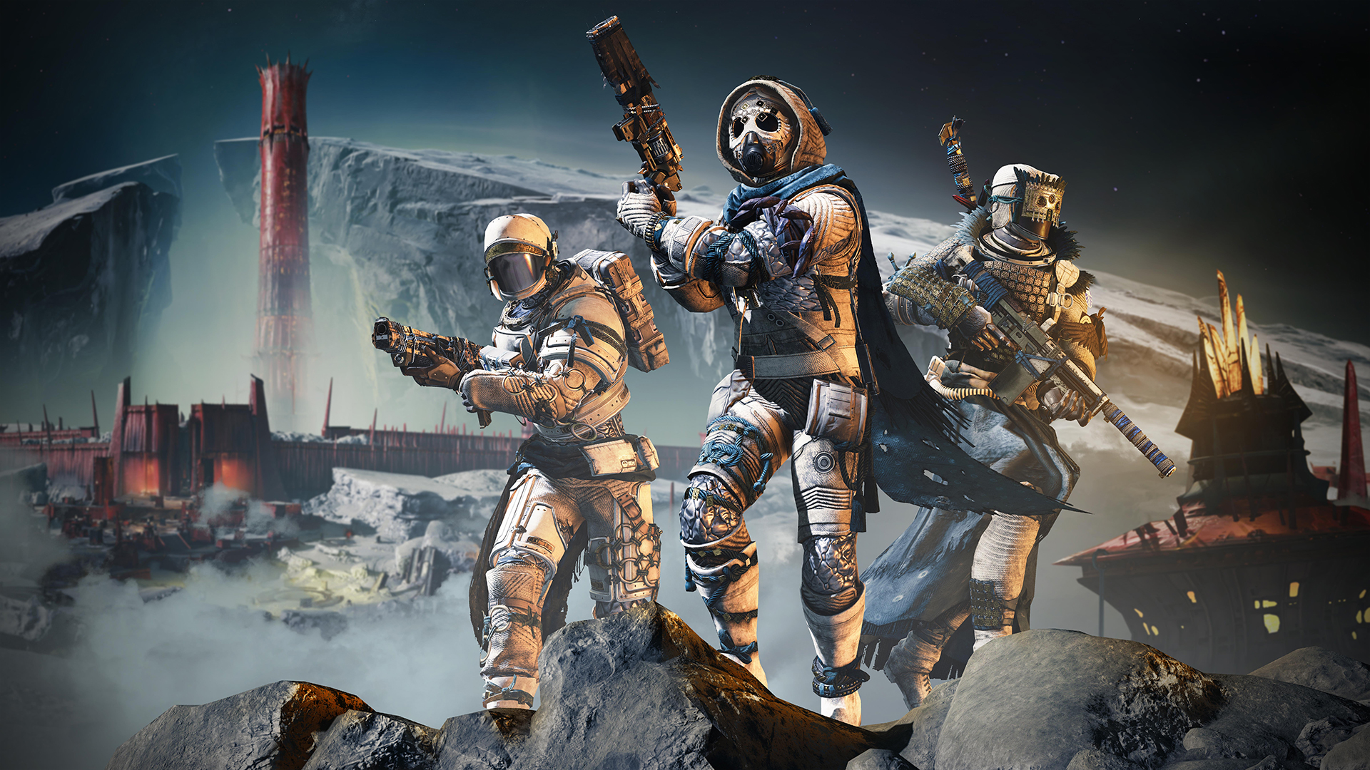 A destiny fire team stands on a lunar cliff with the Red Keep behind them in the distance.