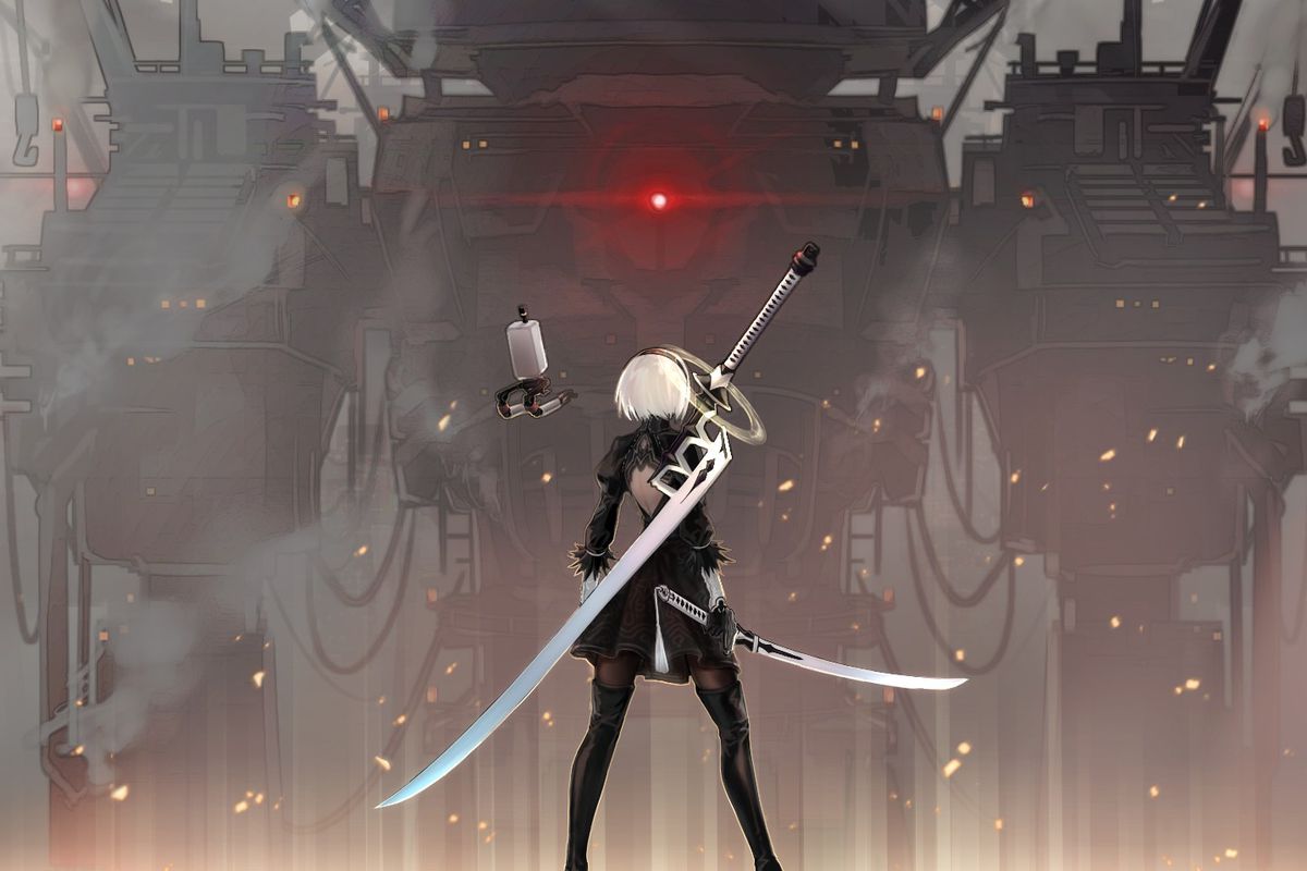 2B stands before a massive machine and prepares herself to fight it.