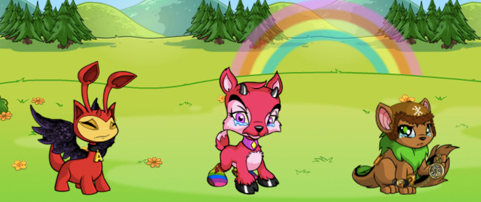 Three Neopets in a field with a rainbow.