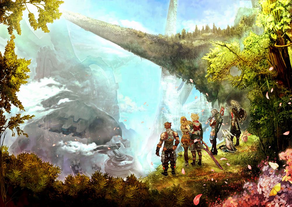 An artistic rendering of the party standing at a cliff's edge and looking outwards.