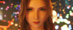 Aerith Gainsborough, a young woman with brown hair and green eyes, stares directly at the image viewer. Her hair is styled in loose curls for her visit to Don Corneo. Behind her, the Wall Market lights dazzle out of focus.