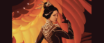 A detail shot from Xiran Jay Zhao's book Iron Widow showing a black armor clad woman with her hair in an elaborate updo posing in front of images of flames