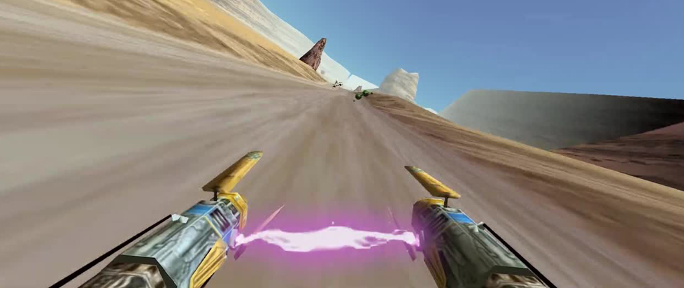 The desert landscape of Tatooine whips past with two pod racing engines connected by a purple beam.