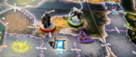 two character pieces with colored based standing on a board game surface.