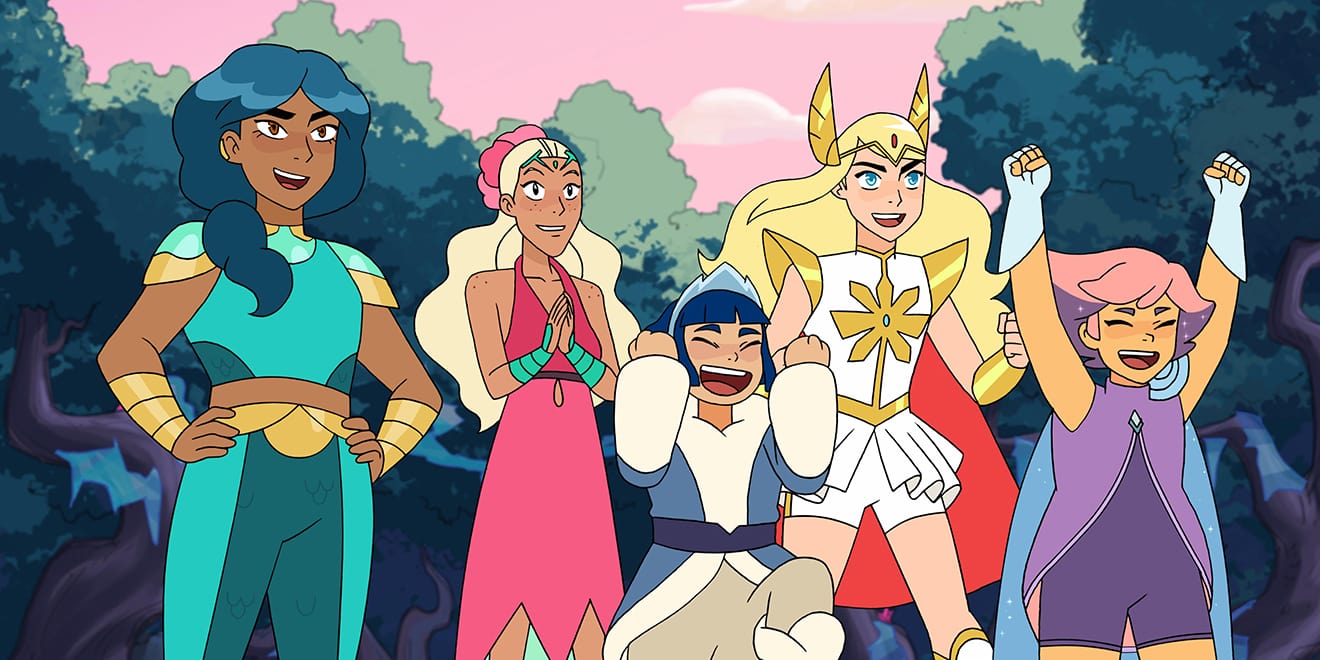 She-Ra and company with excitement and joy on their faces.