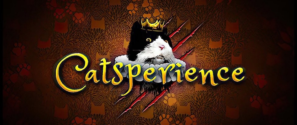 The key art for Catsperience, which features the head of a black and white cat wearing a crown and a ruff. Behind the cat is a rich pattern consisting of cat heads, paw prints and leaves as well as a scratch mark in the center. In front of the cat is the title “Catsperience” in a fun, fancy and yellow font.