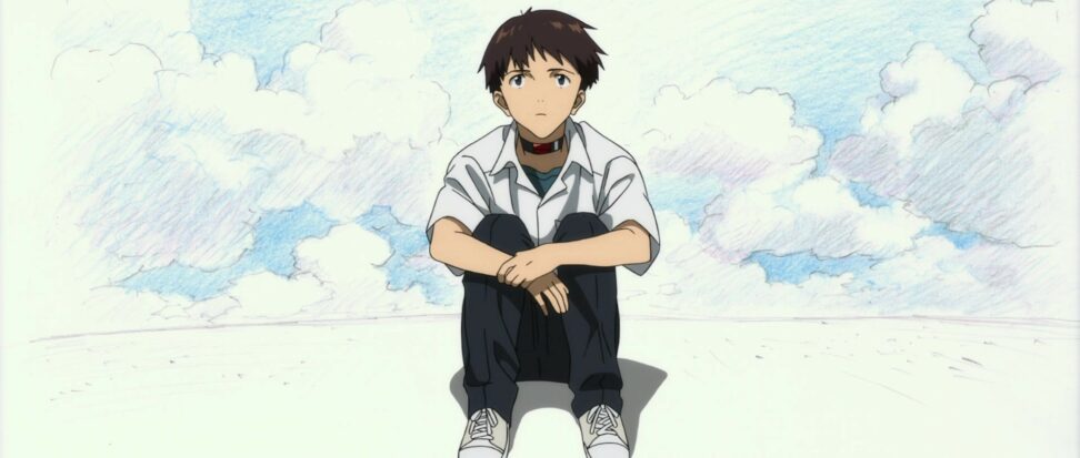 An animated boy sits on a beach, a blue sky and clouds sketched in behind him.