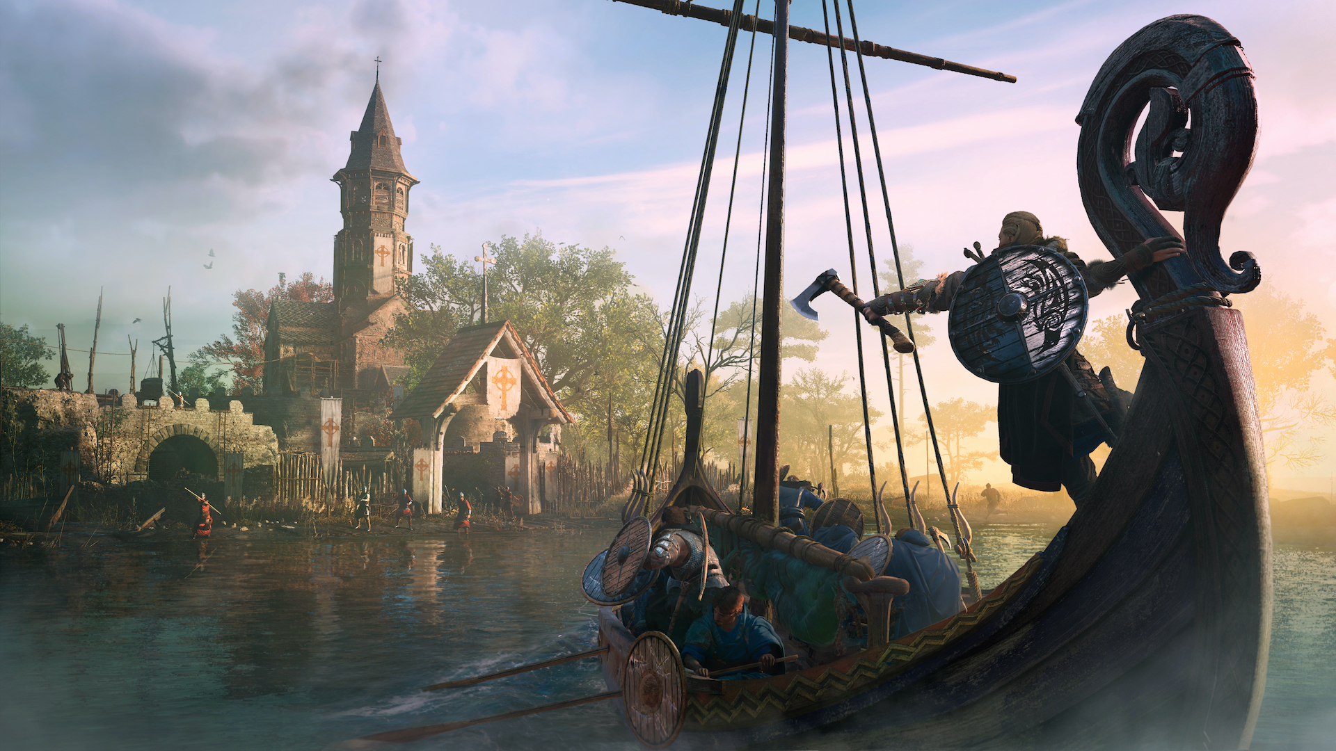 A Viking longship attacking a Christian settlement.