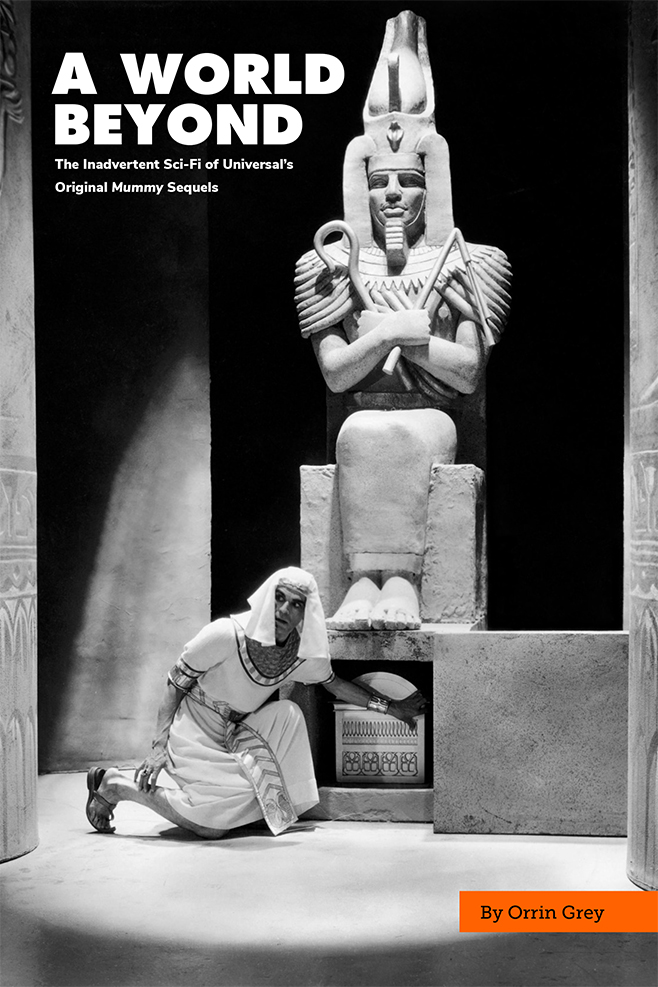 An Egyptian man kneels in front of a pharaoh's monument.