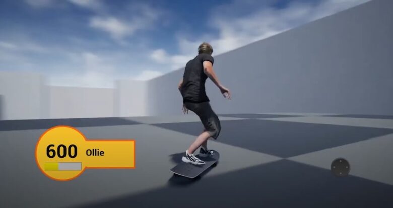 A videogame character performs an ollie on a skateboard, earning a score of 600.