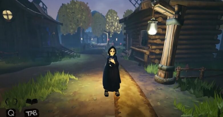 A videogame character clutches their cloak in a lamplit evening scene.