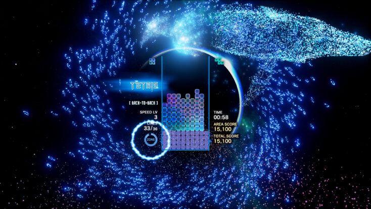 A screenshot from Tetris Effect: Connected shows a dolphin made up of thousands of points of light just outside of the playing field.