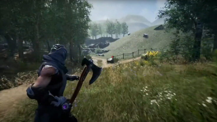 A videogame viking wields an axe while roaming an idyllic countryside.