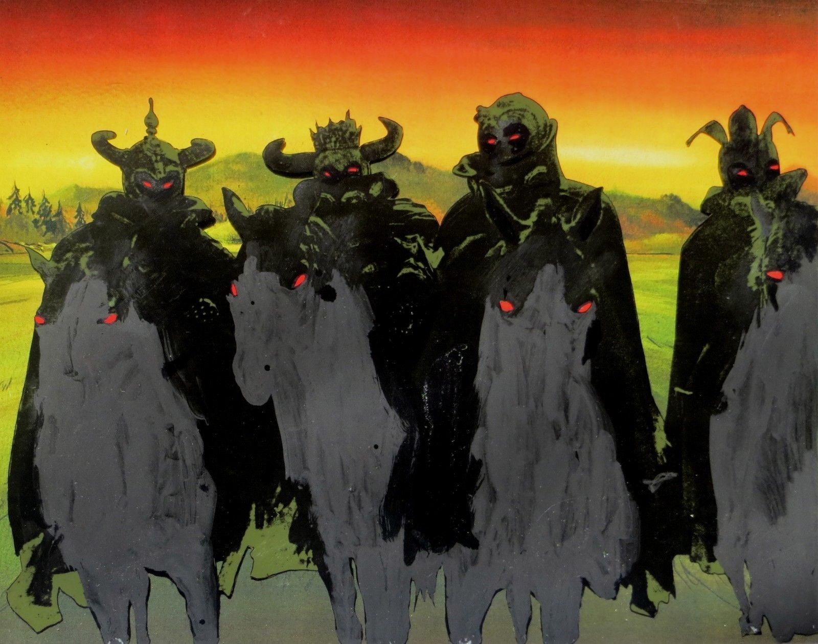 Four witch-kings sit astride black steeds.