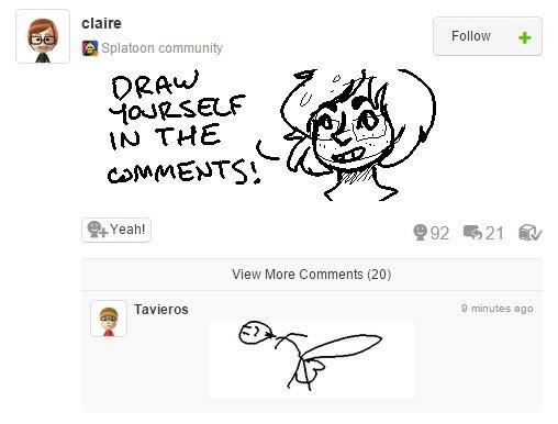 Two comments in the Splatoon community. The top comment is from Claire, with a well drawn character and the text "Draw yourself in the comments" and the top comment is a picture from user Tavieros showing a giant illustrated dick
