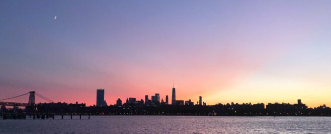 Sunset over the Manhattan skyline.