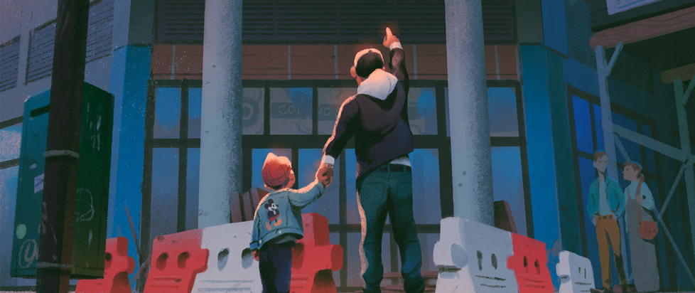 A man holds the hand of a young boy and points up towards the top of a tall building.