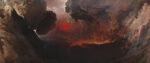 A burning, post-apocalyptic landscape.