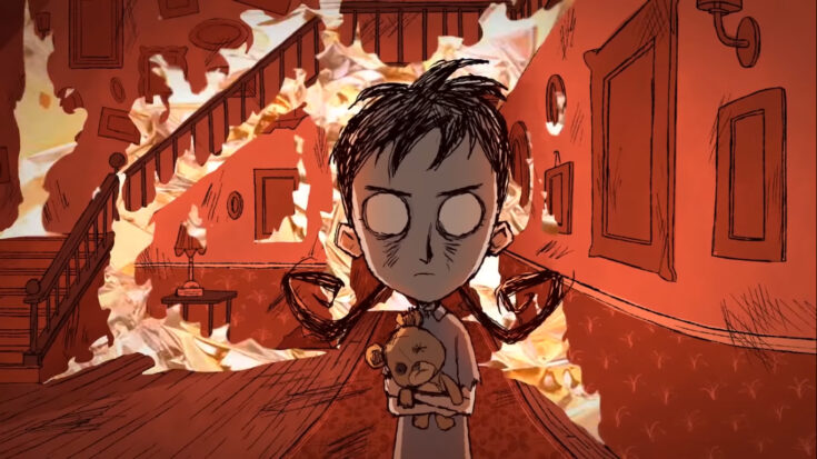 A cartoon girl with large angry eyes stands holding a teddy bear in a burning living room.