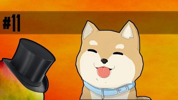 A cartoon Shiba Inu in a light blue collar smiles with his tongue out.
