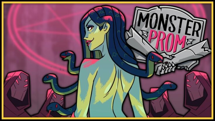 A woman with snakes for hair stands in front a sign reading "Monster Prom."