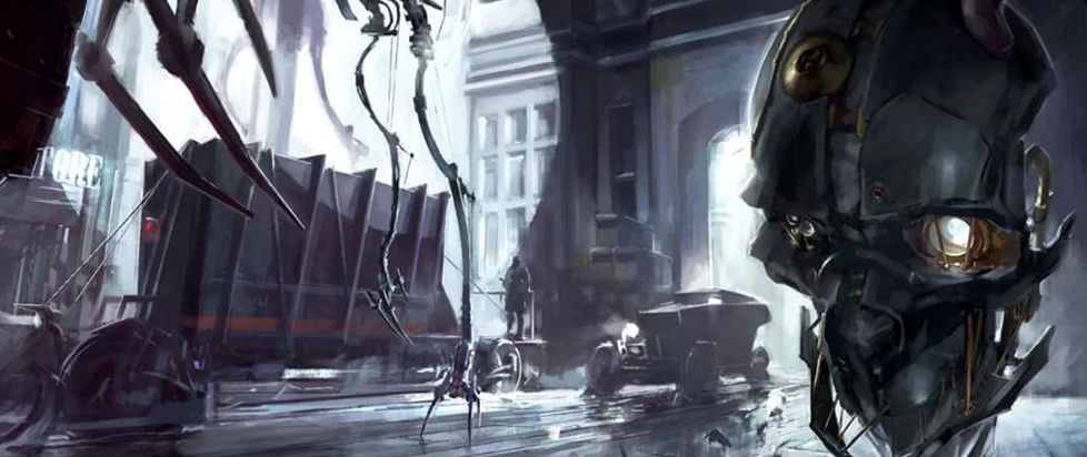 Concept art for Dishonored showing a mask held in a mans hand, and a futiristic dystopia behind it.