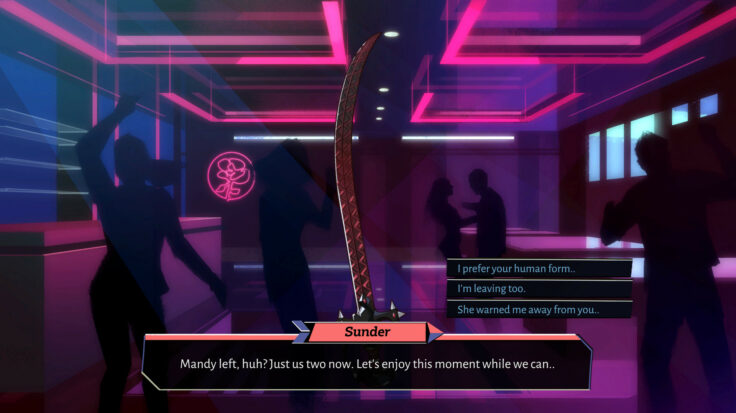 Two characters are silhouetted in the back corner of a dance club. A dialogue box shows the character named Sunder is saying "Mandy left, huh? Just us two now. Let's enjoy this moment while we can..." 