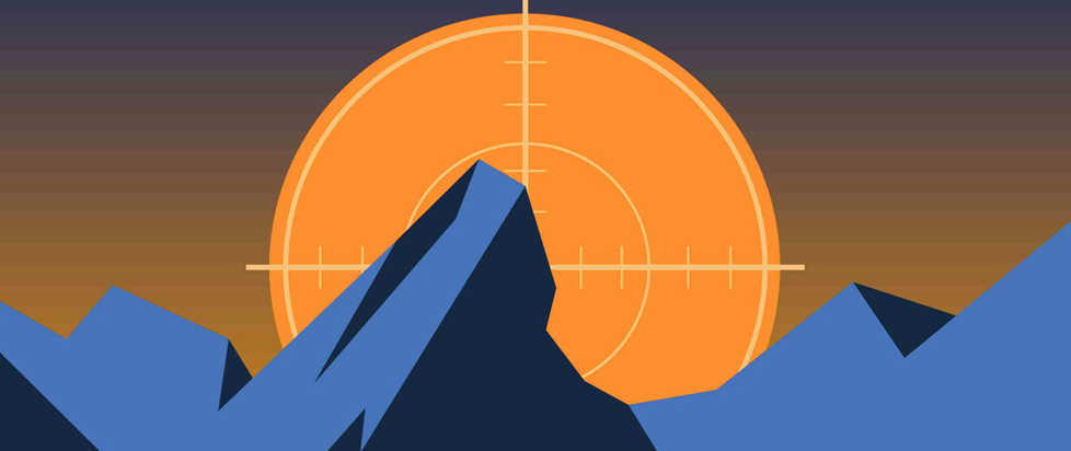 A sun, superimposed with a crosshair, sets behind a craggy mountain.