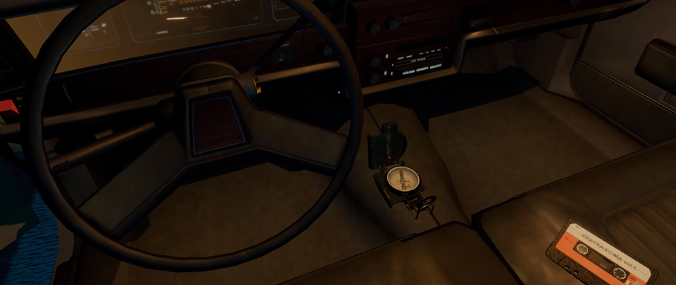 A videogame screenshot showing the interior view of a car, the steering wheel prominent in the frame.