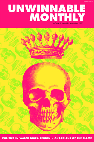 The cover of Unwinnable Monthly #145, featuring a fluorescent grinning skull wearing an ornate crown.