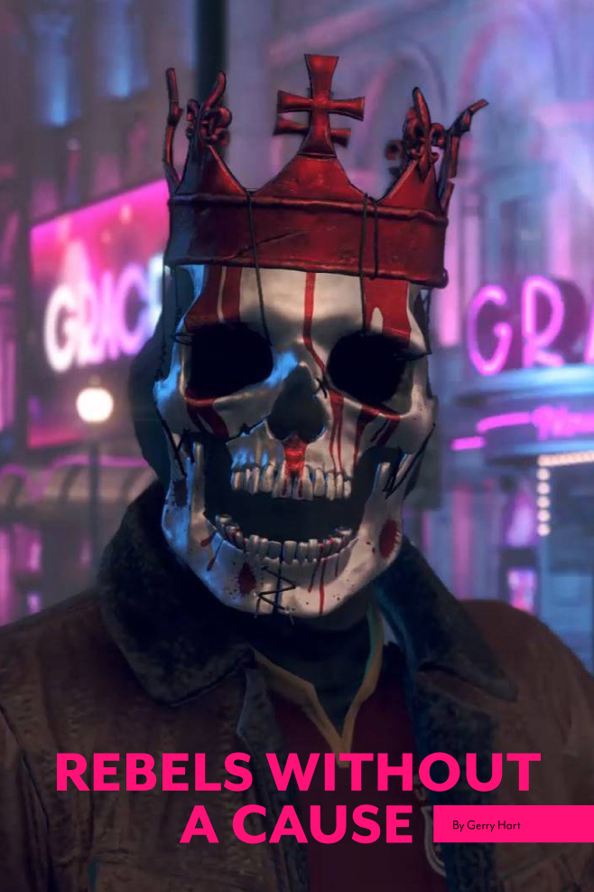 A man wearing a skull mask and crown stares at the viewer. Blood or red paint runs down his face.