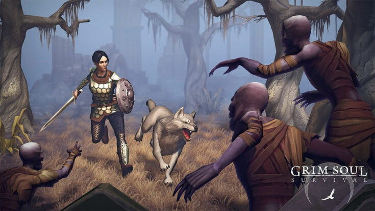A woman in metal armor and a white wolf attack a pack of zombies.