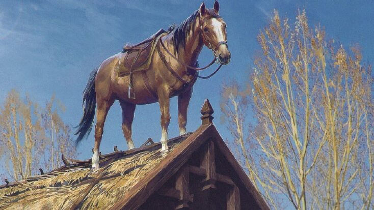 A saddled horse stands on the roof of a house.