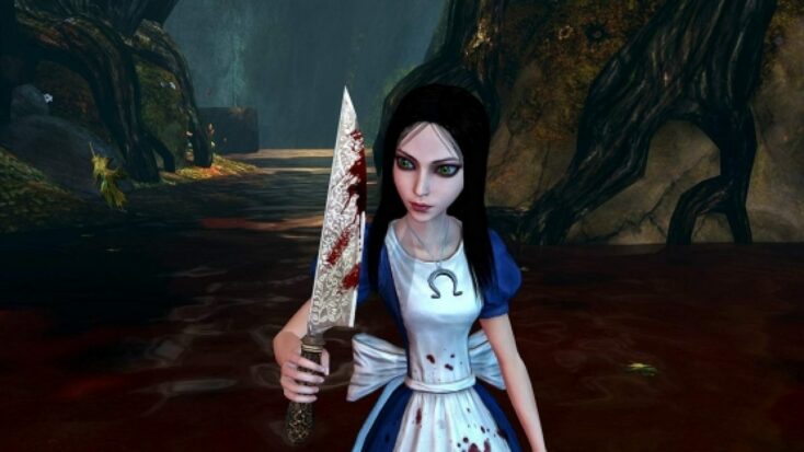 A dark version of Alice in Wonderland stands holding a bloody butcher knife.