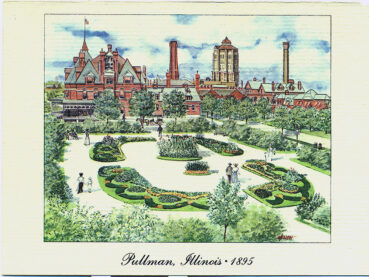 A colorful line drawing of a immaculately landscaped garden in Pullman, Illinois