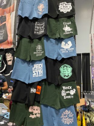 A display of short-shorts printed with various pop-culture puns and slogans.
