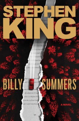 The cover of Stephen King's book Billy Summers. A tiny car appears to be driving on the first page of the novel, seen through a tear in cover.