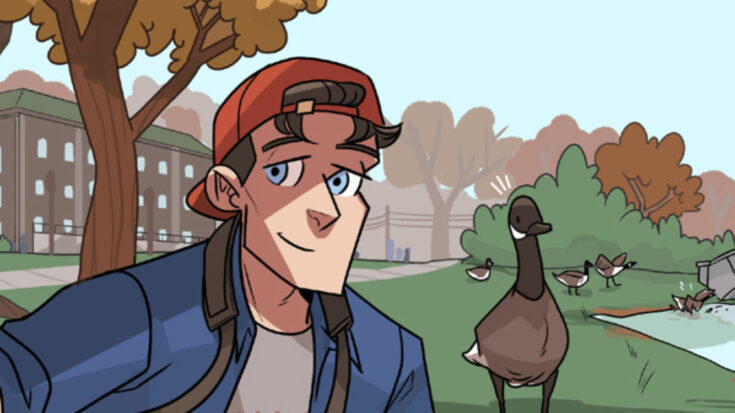 A college-age jock takes a selfie with a Canada goose.