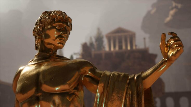 A dramatic close-up on a golden roman statue stoically gazing past his extended arm. The Pantheon stands in the distance.