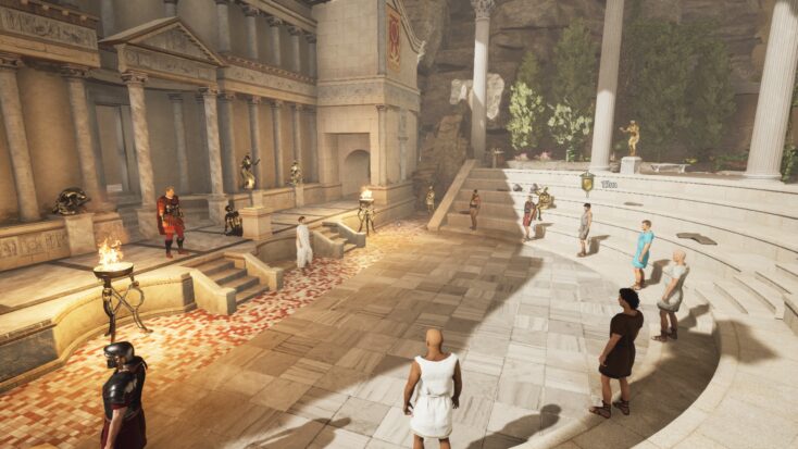 A Roman officer stands in an ampitheatre, addressing a crowd of citizens.
