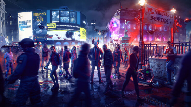 A crowd of people swarm a busy London street at night. In the center stands a man in a suit and tie wearing a mask in the shape of a pig's head.