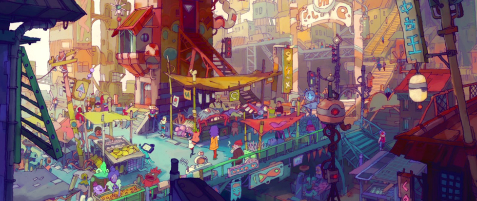 Crowds of people mill around a bustling and colorful future metropolis.
