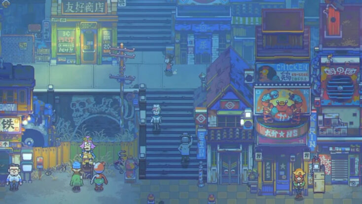 An alley in a post-apocalyptic city at night, buildings bathed a dusky blue. Here and there, pockets of light reveal small gatherings of people.